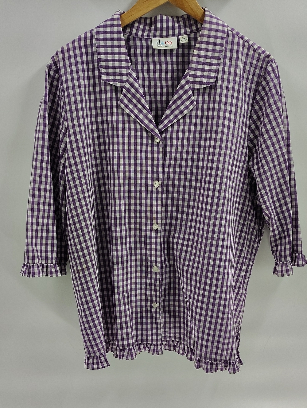 D & Co Button Down Purple White Gingham Check Short Sleeve XL Cotton blend